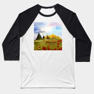 Watercolor Poppy Field Nature Landscape Baseball T-Shirt